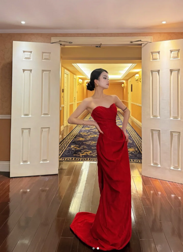 Niulatu Sweetheart Neck Sheath Long Prom Dresses Satin New Year's Eve Dress Red Formal Dresses HZ1026